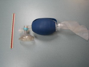 Bag valva mask used to provide rescue breathings for CPR HCP training.